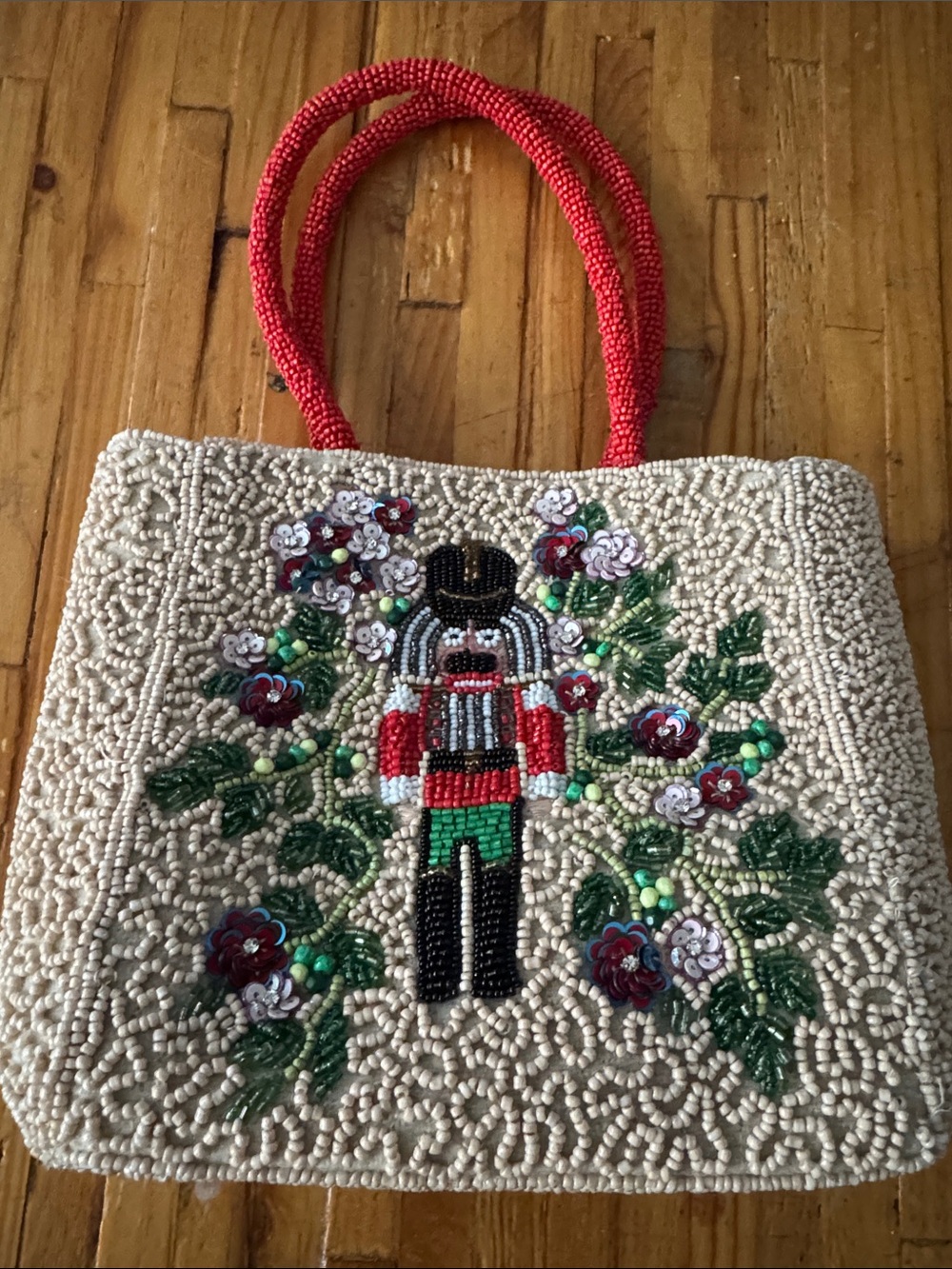 Beaded Cream Tote with Red Handles and Nutcracker Motif